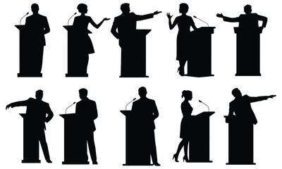 People giving speeches silhouette, People giving a motivational speech silhouette, Silhouette of people giving a speech at a podium with a microphone