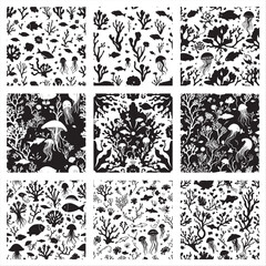 Fototapeta premium set of black and white seamless pattern with Ocean Life Silhouettes