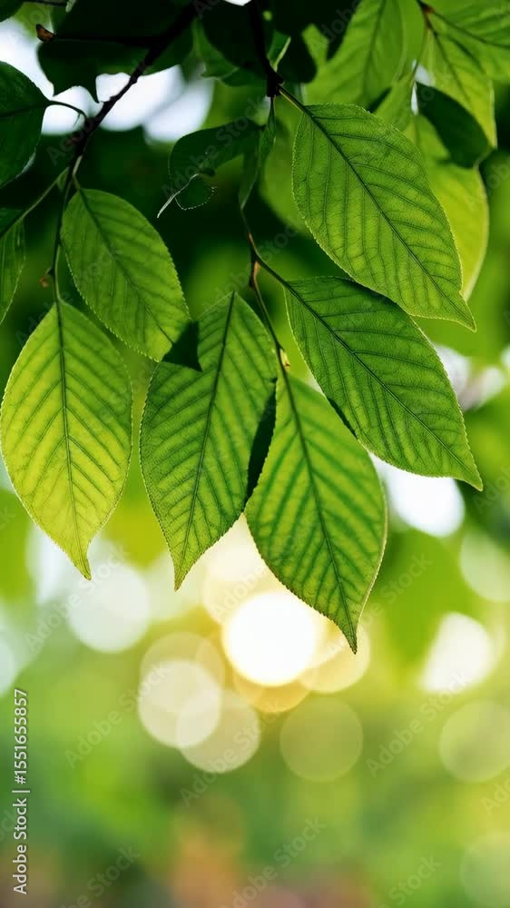 Poster sunlight filters through vibrant green leaves on tree branches, creating a dreamy natural background
