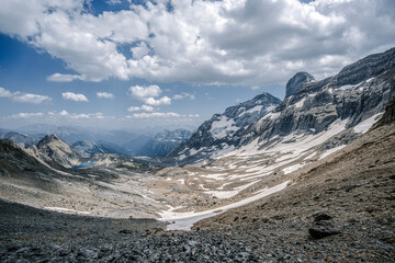 View of Monte Perdido, Cilindro Peak, and Lake Marbore in the pyrenees. In the Ordesa and Monte Perdido Natural Park, Huesca, Aragon, Spain