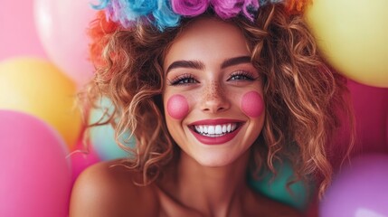 Naklejka premium A joyful woman smiles brightly, adorned with colorful hair and rosy cheeks, surrounded by pastel balloons, capturing the essence of playfulness, joy, and celebration.