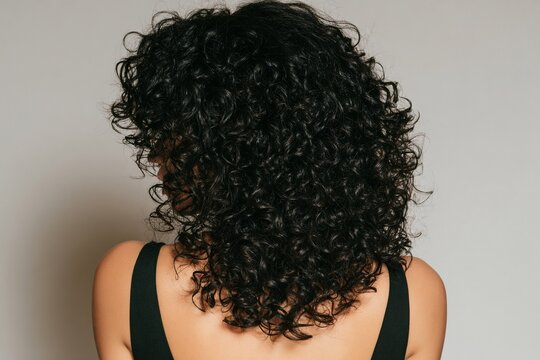 A picture of a beautiful backside with voluminous blackbird curly hair. Generative AI
