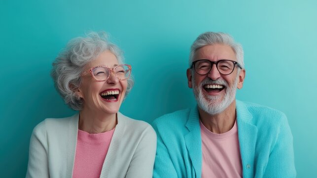 A happy elderly couple laughing together against a vibrant blue background, showcasing their love and joy for life in a playful and warm atmosphere.