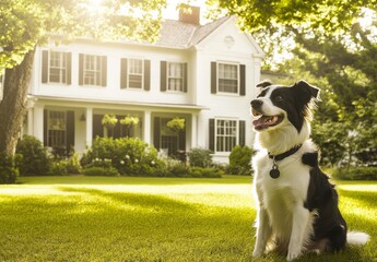 Happy Dog Sitting on Grass in Front of House