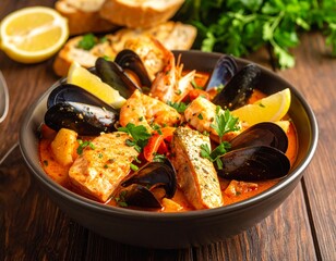 Bouillabaisse, plat traditionnel marseillais, composés d'un court-bouillon de poissons avec poissons de roche, crevettes, pommes de terre, croûtons de pains avec rouille et épices. Generated Image. 