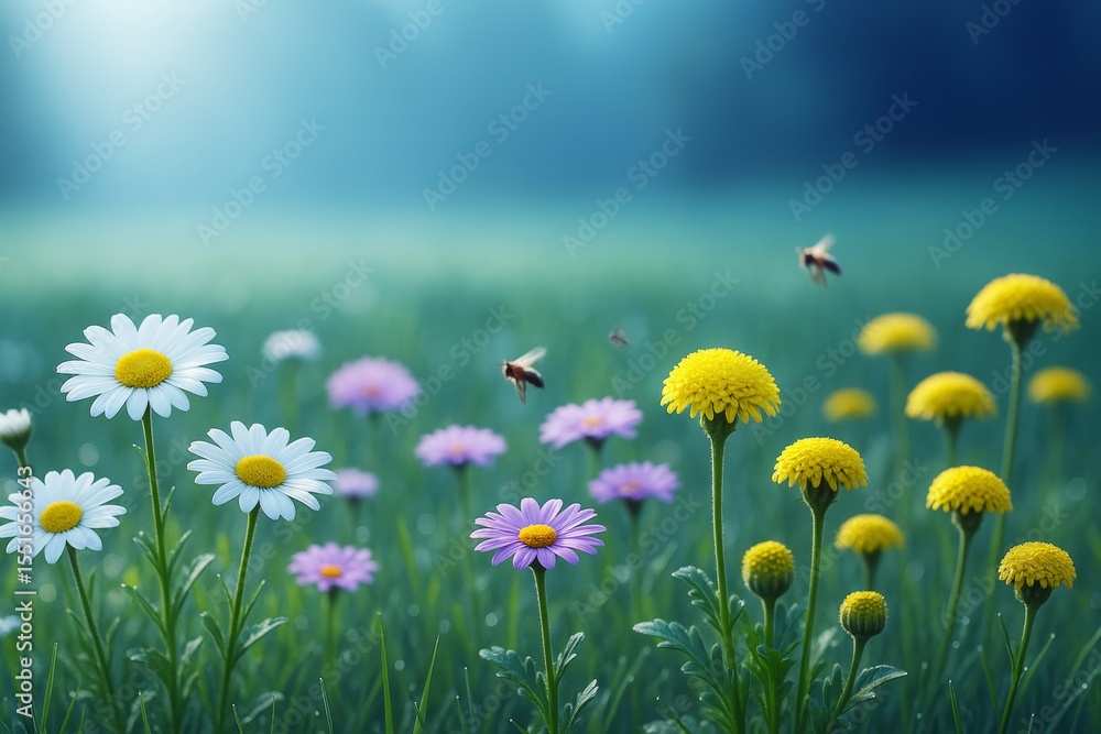 Poster colorful daisies and dandelions with bees on grass field in soft morning light and dreamy atmosphere