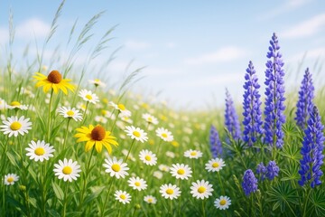 Colorful wildflowers blooming in a sunny meadow with daisies, yellow coneflowers and lupines in a bright natural field scene.