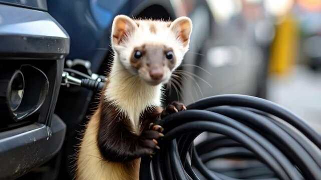 Cute sable ferret perched near a dark colored car with black electrical cable, playfully looking at the camera indoors.