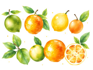Fresh oranges and green citrus fruits with leaves on white background, perfect for food, health, and organic themes. Generative AI