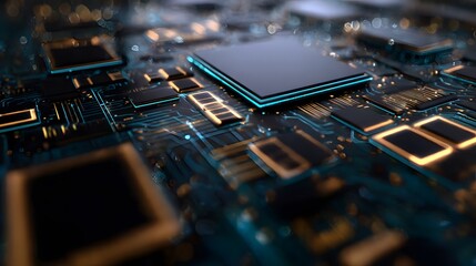 Futuristic printed circuit board inside a high-tech server system with data code processing and digital connectivity