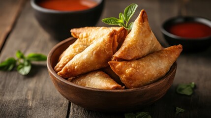 An appealing arrangement of crispy samosas served with a tangy dipping sauce, perfect for appetizers or snacks at gatherings and parties.