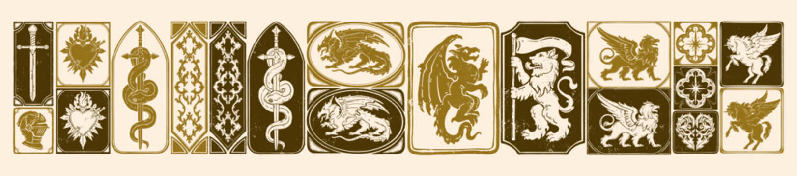 Medieval fantasy heraldic print, gothic vintage mythology beasts silhouette, RPG game sticker set. Linocut ancient magic manuscript illustration, dragon logo royal knight shield emblem. Medieval print