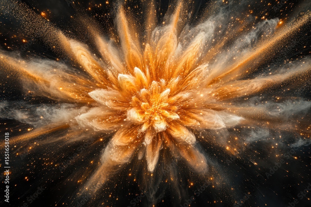 Aufkleber golden dust explodes in a radial pattern against a dark, starry background. ideal for illustrating e