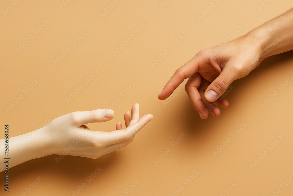 Poster Human hand reaching toward mannequin hand on beige background symbolizing connection between artificial and human touch in minimal abstract concept.