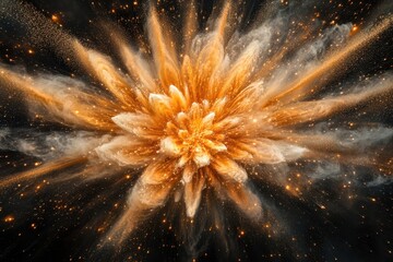 Fototapeta premium Golden dust explodes in a radial pattern against a dark, starry background. Ideal for illustrating energy, fireworks, or a bright, impactful design.