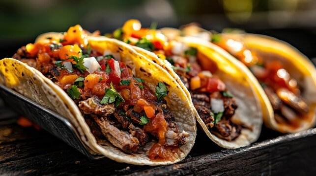 A mouthwatering display of tacos filled with tender meat, fresh salsa, and garnished with herbs, perfect for taco lovers seeking a flavorful feast experience.