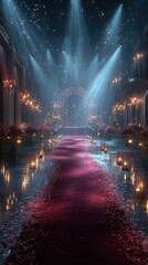 Grand ballroom decorated for a romantic evening with candlelit lanterns and rose petals on the floor