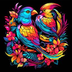 Obraz premium Parrots among flowers in colourful pop art style.