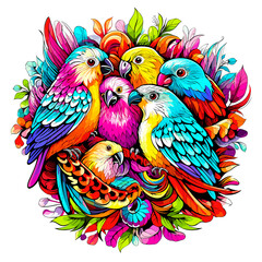 Obraz premium Parrots among flowers in colourful pop art style.