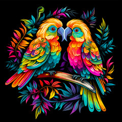 Fototapeta premium Parrots among flowers in colourful pop art style.