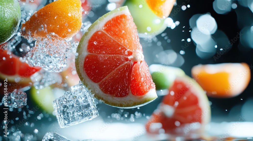 Poster a dynamic and energetic splash of colorful fruits like grapefruit, orange, and lime, combined with i