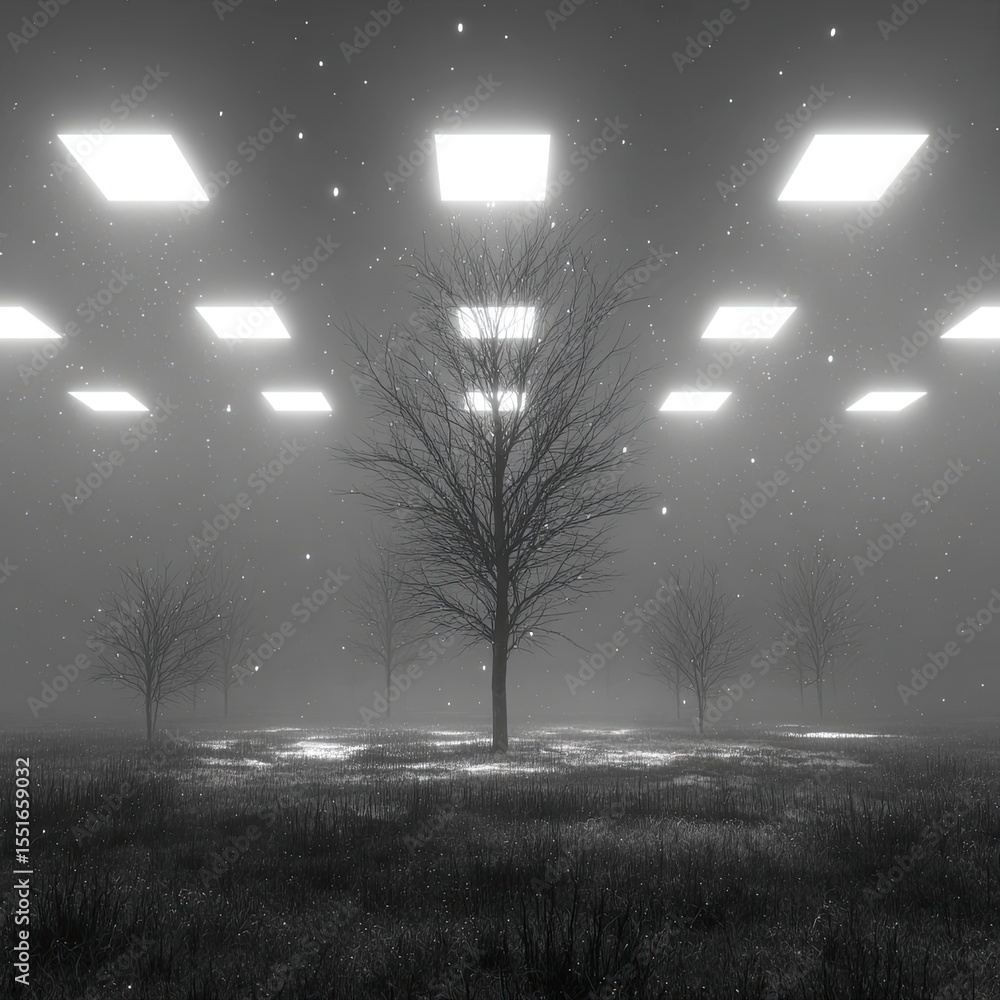 Poster the background is a foggy field at night, illuminated by white led lights in squares arranged on the
