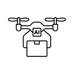A vector icon of a delivery drone carrying a parcel with an AI chip, representing drone-based delivery powered by artificial intelligence, created in line style with editable stroke