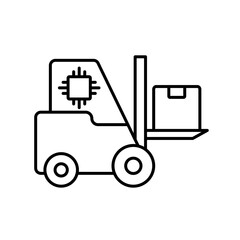 A vector icon of a robotic forklift with an AI chip, representing automated loading and unloading, created in line style with editable stroke