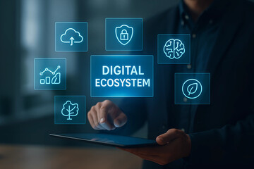 Digital Ecosystem Interface with Cloud, AI, and Innovation Icons