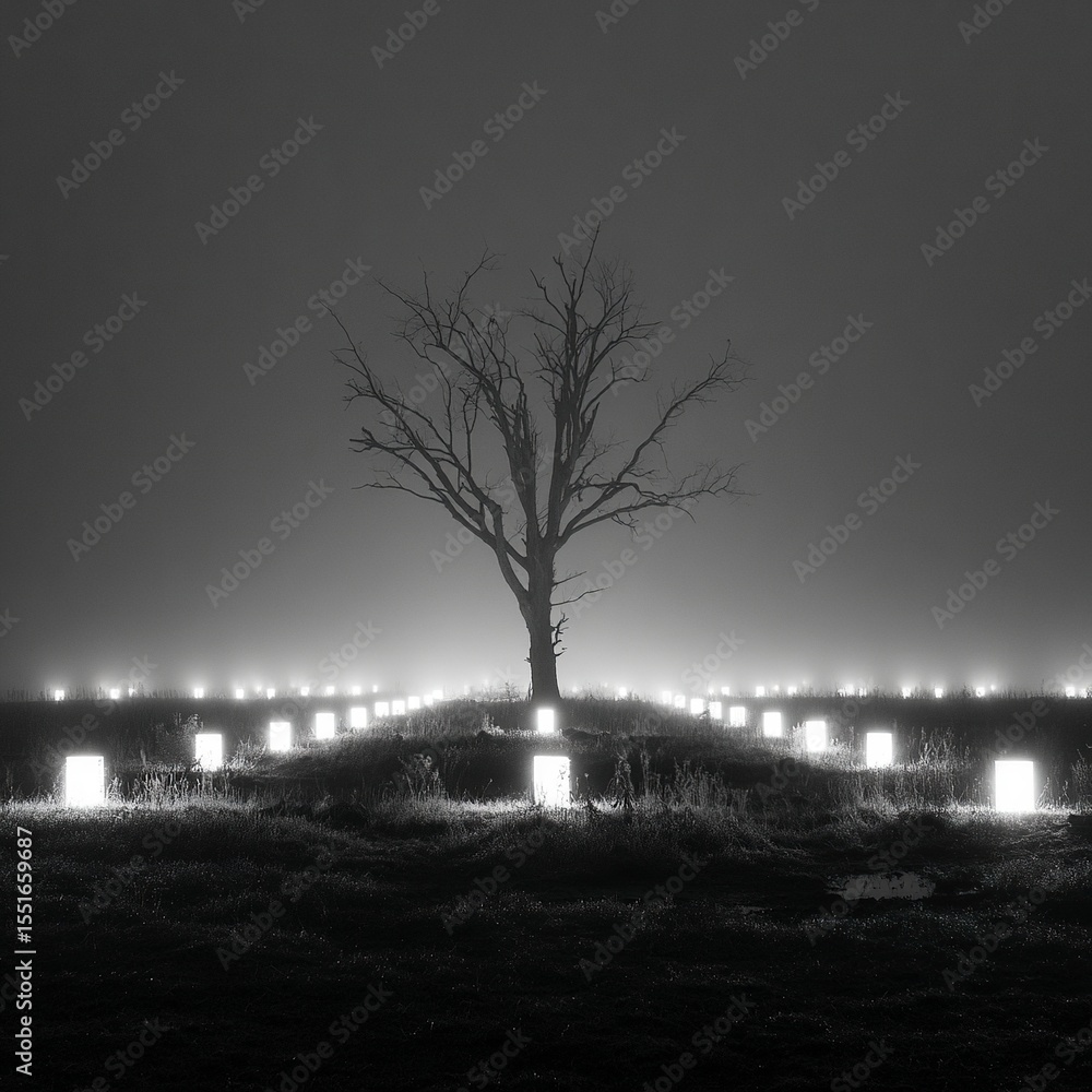 Poster the background is a foggy field at night, illuminated by white led lights in squares arranged on the