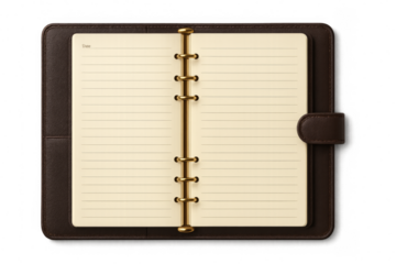 Open notebook with leather cover showing blank pages on transparent background