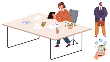 Woman using tablet at modern desk surrounded by files, plant, and tools. Colleague standing with briefcase and mobile app interaction illustrated. Ideal for work, communication, teamwork