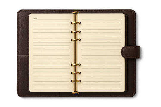 Open notebook with leather cover showing blank pages on transparent background