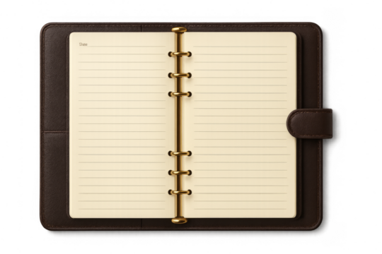 Open notebook with leather cover showing blank pages on transparent background