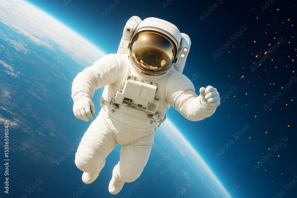 Poster astronaut in white suit floating above earth with glowing particles in space, scientific exploration