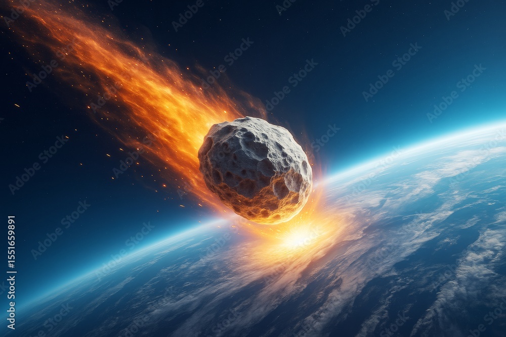 Poster fiery asteroid entering earth's atmosphere with bright explosion and cosmic light over blue planet b