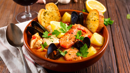 Bouillabaisse, plat traditionnel marseillais, composés d'un court-bouillon de poissons avec poissons de roche, crevettes, pommes de terre, croûtons de pains avec rouille et épices. Generated Image. 