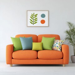 A cheerful and inviting atmosphere is created in this vibrant living room scene, which features a design boucle sofa, a mockup poster on the wall, plants in stylish pots, and personal decorations