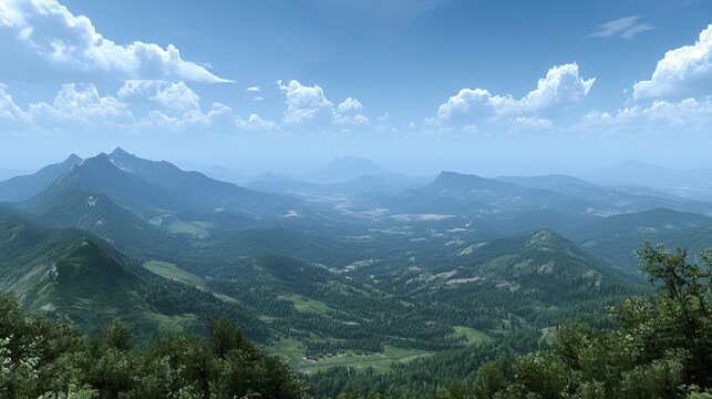 Panoramic view of a vast mountain range under a partly cloudy sky, showing lush green valleys and distant peaks