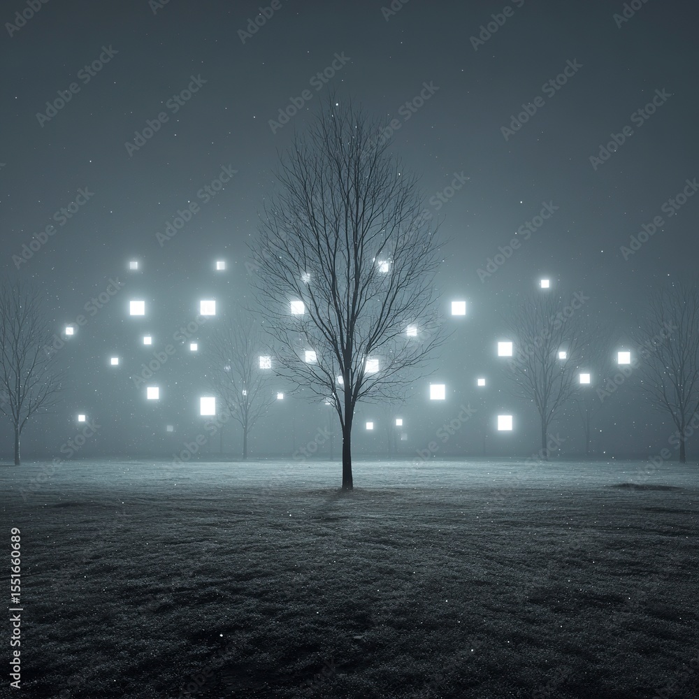 Poster the background is a foggy field at night, illuminated by white led lights in squares arranged on the