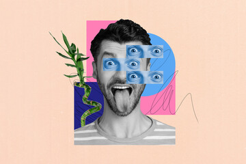 3D photo collage design trend sketch of young guy funny smile show tongue many eyes face fragment...