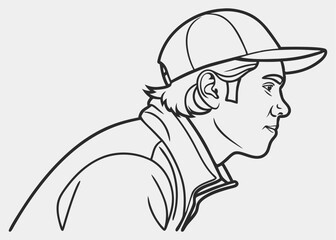 Minimal Line Drawing of a Man in Cap | Male Portrait Outline Sketch Vector | Hand-Drawn Urban Guy Illustration | Simple Hipster Profile in Baseball Hat | Stylish Silhouette Art for Fashion, Branding