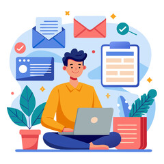 Email marketing concept Subscription to newsletter news offers and promotions Person using computer laptop modern flat design simple vector illustration isolated transparent background;