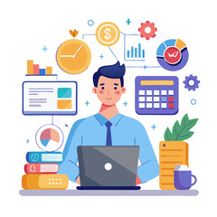 Accounting concept Financial statement financial audit invoice tax calculator business firm business financing and banking Accountant using laptop with accounting icons on virtual screen modern flat