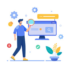 SEO concept Search engine optimization web browser data search technology search engine optimization Person show search bar on virtual screen modern flat design simple vector illustration isolated