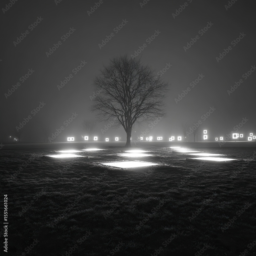 Poster the background is a foggy field at night, illuminated by white led lights in squares arranged on the