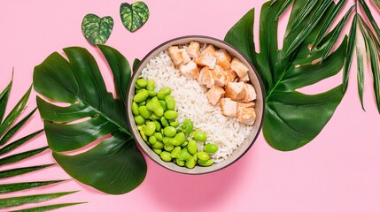 Rice, edamame, and chicken are served in a bowl with a soft pink background with tropical leaves. Lie flat on an ad for a healthy eating lifestyle or food delivery service in the summer.