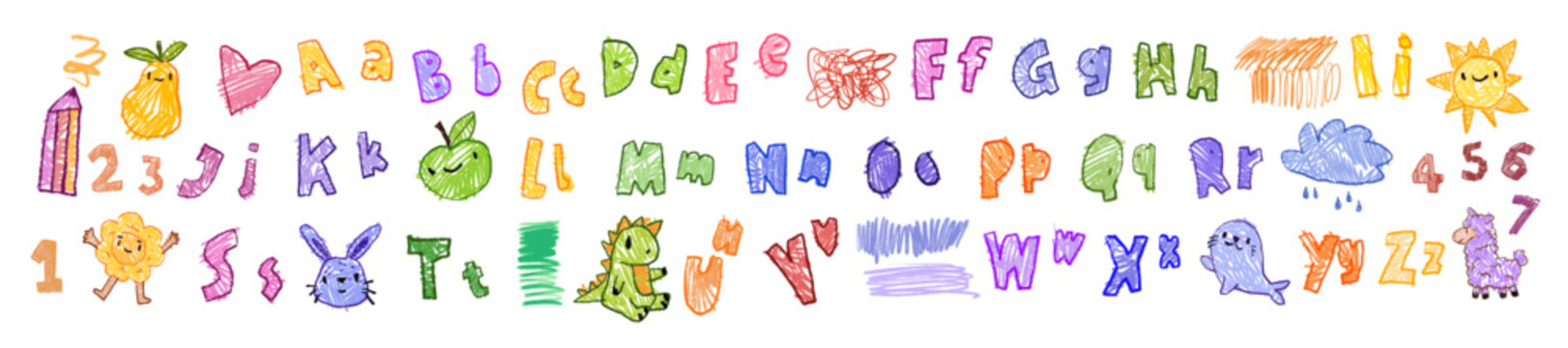 Kids chalk alphabet, kindergarten doodle font, hand drawn pencil squiggle ABC, baby cute animals. Childish naive crayon letters, colorful cartoon scratch decoration print. Kids alphabet funny shapes