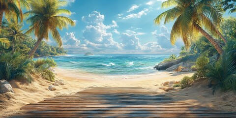 Scenic tropical beach landscape with wooden pathway and palm trees under a bright sky