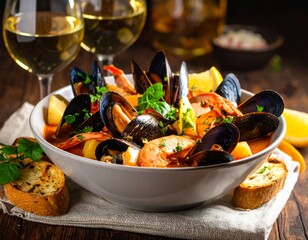Bouillabaisse, plat traditionnel marseillais, composés d'un court-bouillon de poissons avec poissons de roche, crevettes, pommes de terre, croûtons de pains avec rouille et épices. Generated Image. 